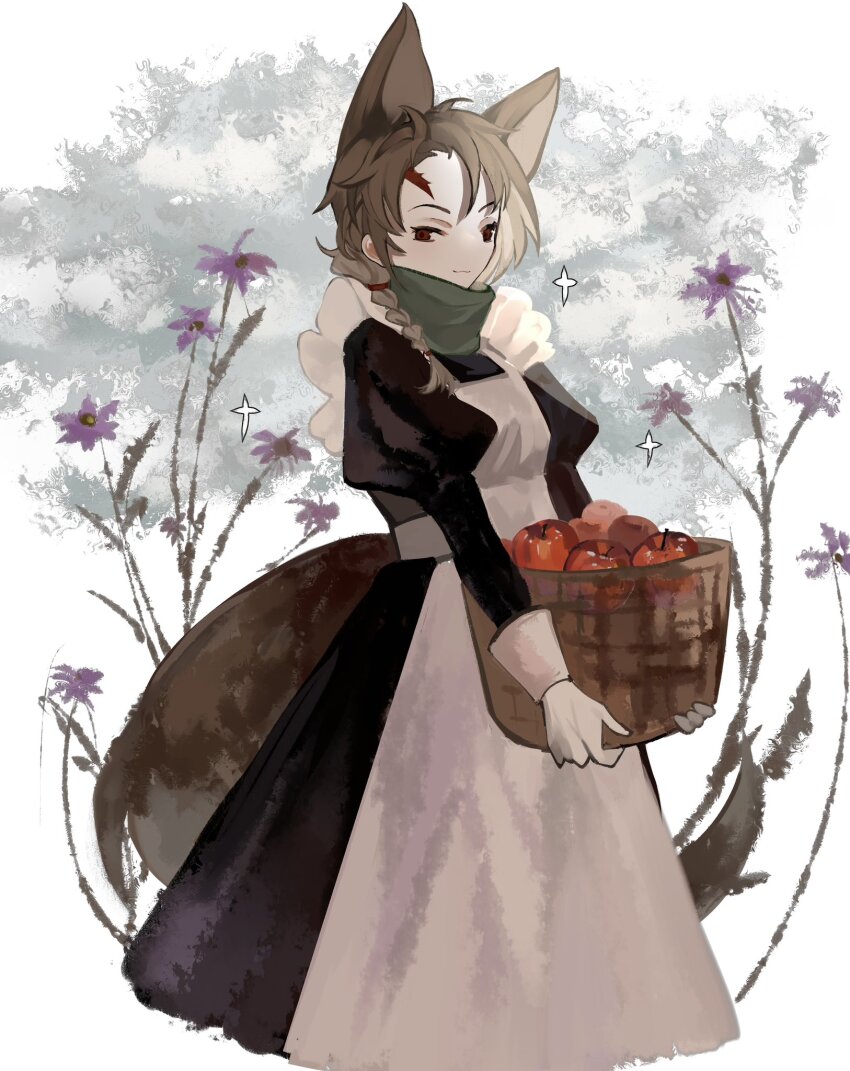 1girl, :3, alternate_costume, animal_ears, apple, apron, basket, black_dress, braid, breasts, brown_hair, chinese_commentary, closed_mouth, commentary_request, cowboy_shot, dress, enmaided, flower, food, fox_ears, fox_girl, fox_tail, fruit, genderswap, genderswap_(mtf), green_scarf, harada_minoru, highres, holding, holding_basket, juliet_sleeves, kemonomimi_mode, long_sleeves, maid, maid_apron, puffy_sleeves, purple_flower, red_eyes, saibou_shinkyoku, scarf, side_braid, single_braid, small_breasts, smile, solo, tail, traumayume, white_apron