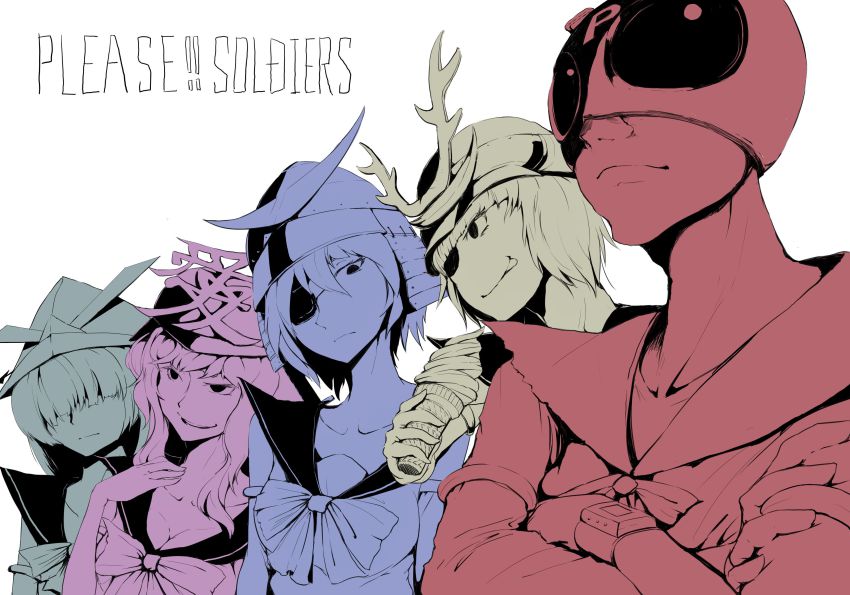 1boy, 4girls, absurdres, breasts, cleavage, eyepatch, food, helmet, highres, ice_cream, multiple_girls, onegai!_ranking, onegai_blue, onegai_green, onegai_pink, onegai_red, onegai_yellow, short_hair, taichi_(tomo)