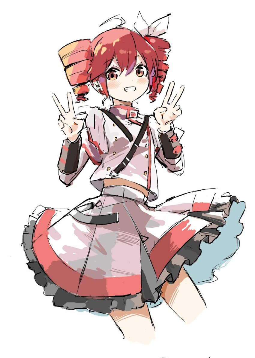 1girl, ahoge, belt, black_belt, blush, bow, buttons, commentary_request, cowboy_shot, cropped_legs, double-parted_bangs, double_v, drill_hair, flat_chest, grey_jacket, grey_skirt, grin, hair_between_eyes, hair_bow, hair_ribbon, hands_up, highres, jacket, kasane_teto, kasane_teto_(sv), layered_skirt, midriff_peek, mp777b, red_eyes, red_hair, red_trim, ribbon, shoulder_belt, simple_background, skirt, skirt_set, sleeve_cuffs, smile, solo, synthesizer_v, three-quarter_sleeves, twin_drills, utau, v, white_background, white_bow, white_ribbon