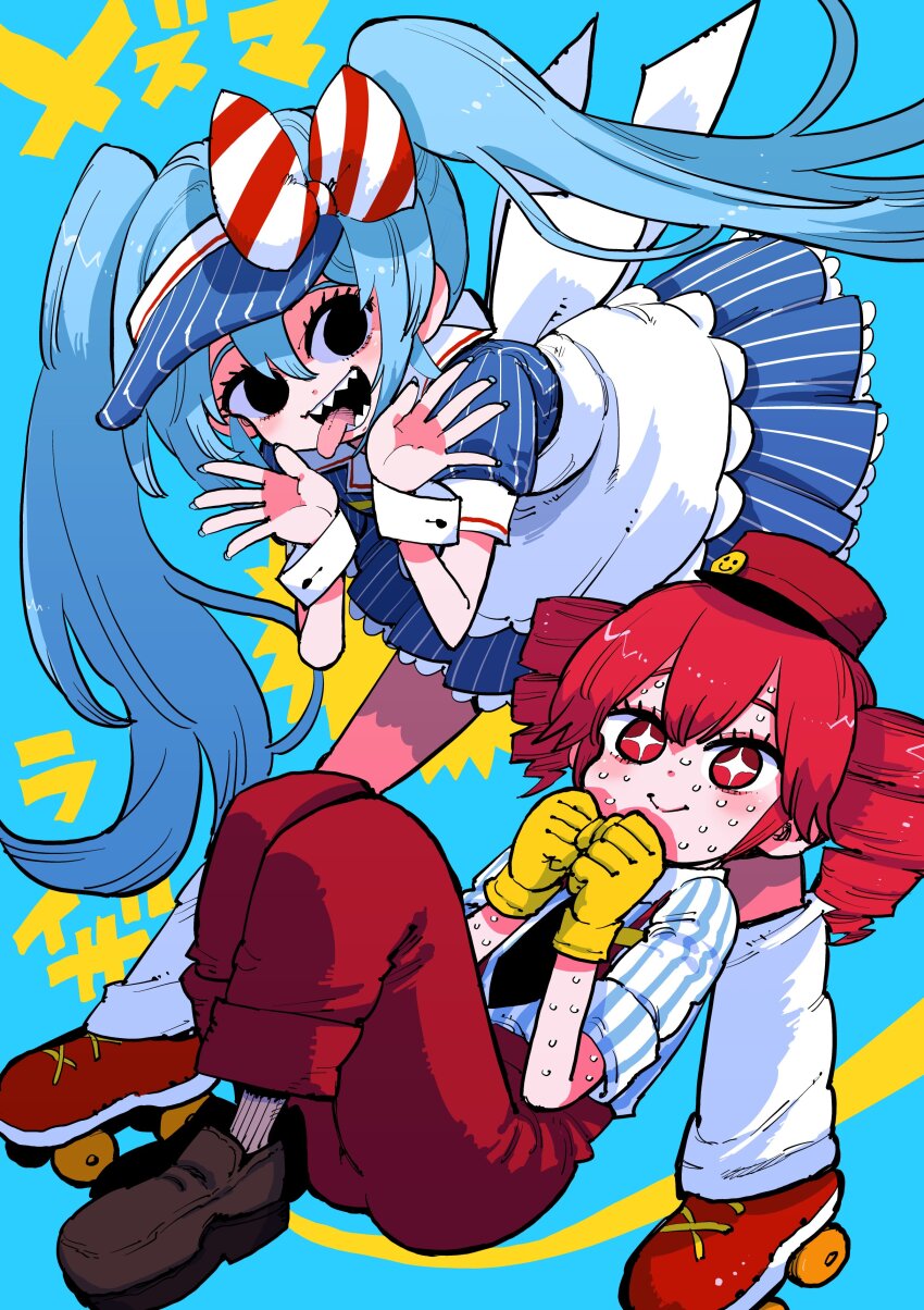 +_+, 2girls, absurdres, black_footwear, black_necktie, blue_background, blue_nails, blush