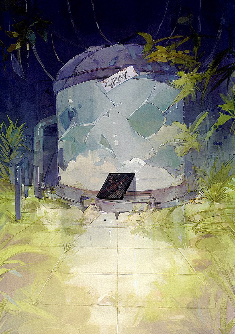 abandoned, broken_glass, cable, commentary_request, glass, gr_7, ham_(zutomayo), indoors, laboratory, machine, no_humans, official_art, overgrown, plant, scenery, stasis_tank, tile_floor, tiles, zutto_mayonaka_de_ii_no_ni