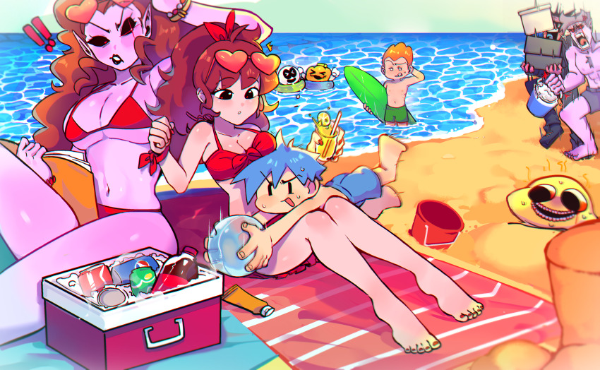 !, !!, 2girls, 4boys, absurdres, ball, barefoot, beach, beach_towel, benzbt, bikini, black_sclera, blue_hair, blush, boyfriend_(friday_night_funkin'), breasts, can, chest_hair, cleavage, colored_sclera, colored_skin, cooler, cup, daddy_dearest, day, eyewear_on_head, friday_night_funkin', girlfriend_(friday_night_funkin'), highres, holding, innertube, large_breasts, lipstick, long_hair, makeup, male_swimwear, medium_breasts, mommy_mearest, monster_(friday_night_funkin'), mother_and_child, mother_and_daughter, multiple_boys, multiple_girls, nail_polish, open_mouth, orange_hair, outdoors, parent_and_child, pico_(newgrounds), ponytail, pump_(sr_pelo), purple_skin, red_bikini, red_eyes, red_nails, sitting, skid_(sr_pelo), sky, standing, sunglasses, sweat, swim_ring, swim_trunks, swimsuit, teeth, toenail_polish, toenails, topless_male, towel, tropical_drink, water