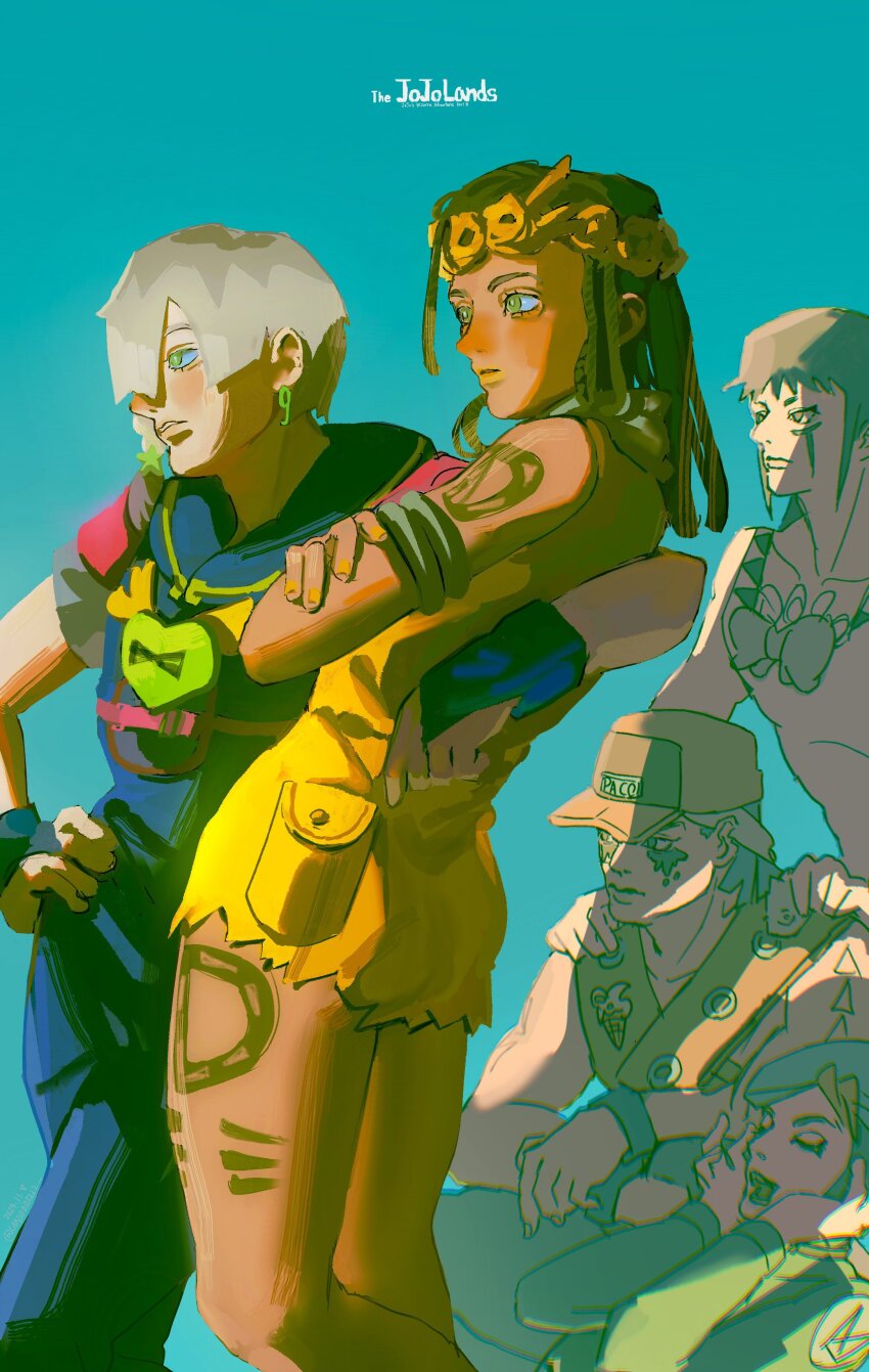 5boys, absurdres, arm_around_another's_back, armlet, baseball_cap, blue_background, braid, brothers