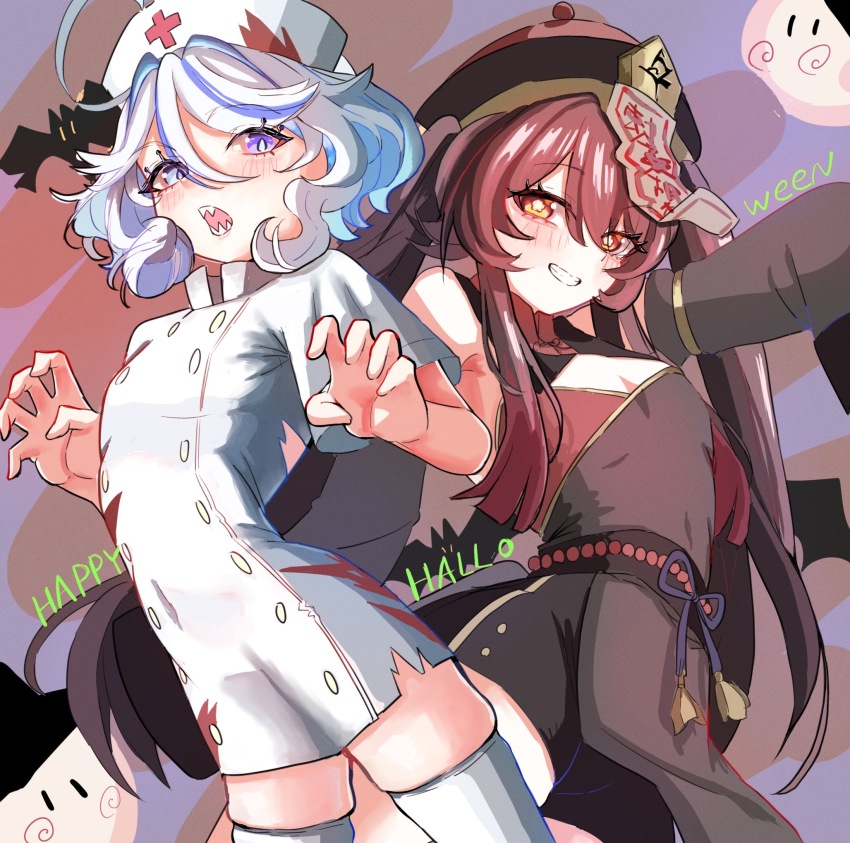 2girls, ahoge, black_nails, black_shorts, blue_eyes, blue_hair, brown_hair, commentary_request