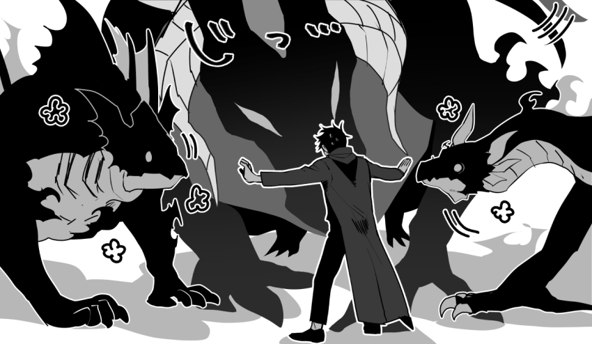 1boy, arm_fins, black_hair, dragon, dragon_horns, fins, flower_symbol, gills