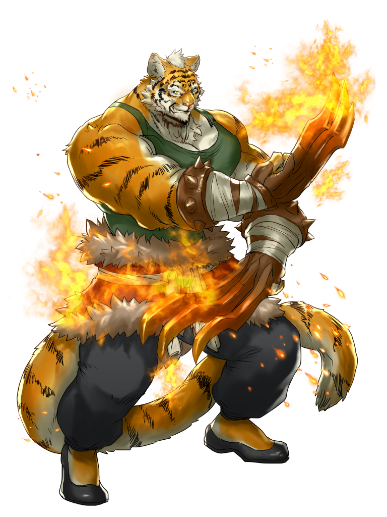 1boy, black_footwear, black_pants, bracelet, claw_(weapon), fighting_stance, fire, full_body, fur_trim, furry, furry_male, green_shirt, jewelry, k_macchina, male_focus, muscular, muscular_male, original, pants, pectorals, shirt, solo, spiked_bracelet, spikes, standing, tail, tiger, weapon, white_background
