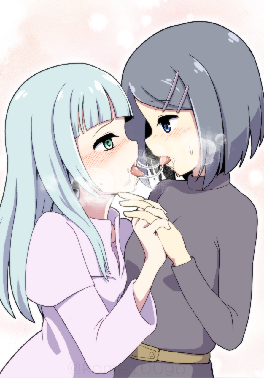 2girls, after_kiss, belle_(dungeon_people), black_shirt, blue_eyes, blue_hair, blush, breasts, clay_(dungeon_people), dress, dungeon_people, fortefalse, from_side, full-face_blush, green_eyes, grey_hair, hair_ornament, hairclip, heavy_breathing, highres, long_hair, looking_at_another, multiple_girls, open_mouth, pink_dress, saliva, saliva_trail, shirt, short_hair, simple_background, small_breasts, tongue, tongue_out, upper_body, white_background, yuri