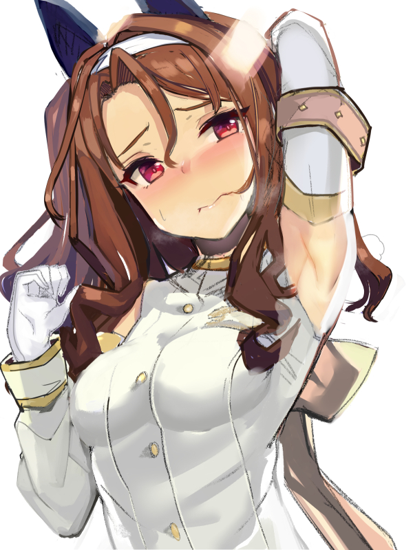 1girl, animal_ears, arm_up, armpits, breasts, brown_hair, gloves, horse_ears