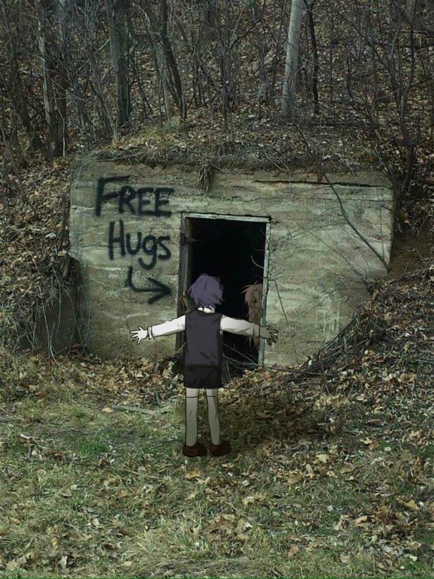 1b_(dlqotlswk), 2boys, aged_down, black_shorts, black_vest, brown_shoes, english_text, free_hugs, hatsutori_hajime, highres, long_hair, long_sleeves, male_focus, multiple_boys, outdoors, outstretched_arms, peeking_out, photo_background, pink_hair, purple_hair, red_eyes, saibou_shinkyoku, shirt, shoes, short_hair, shorts, spread_arms, thighhighs, utsugi_noriyuki, vest, white_shirt, white_thighhighs