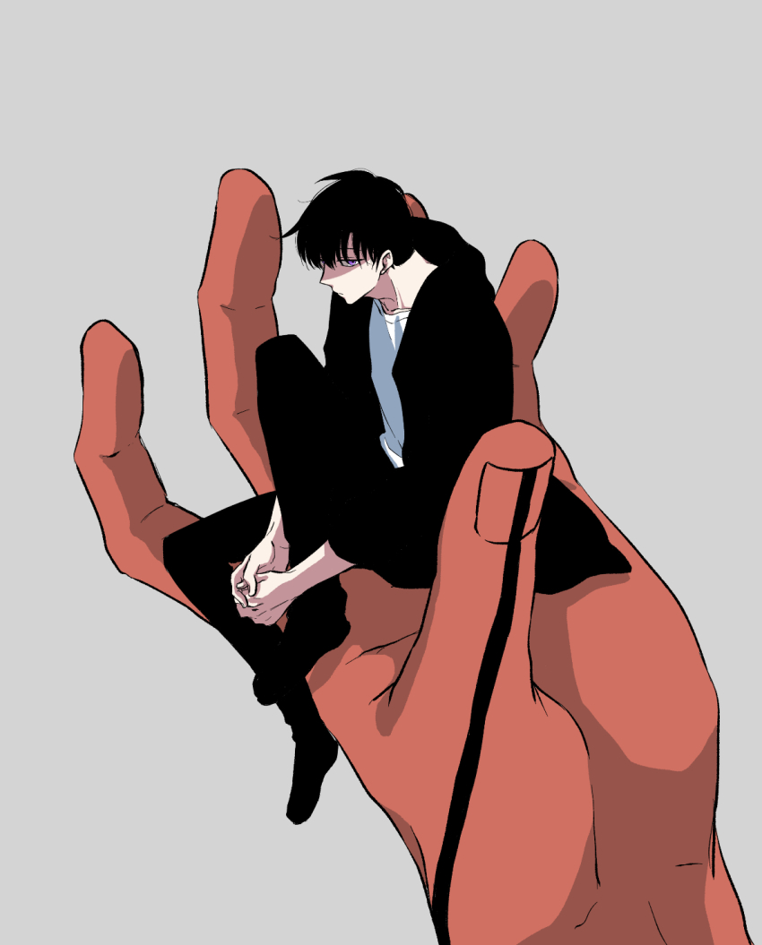 1boy, 8mo10, black_footwear, black_pants, colored_skin, expressionless, giant_hand, hand_tattoo