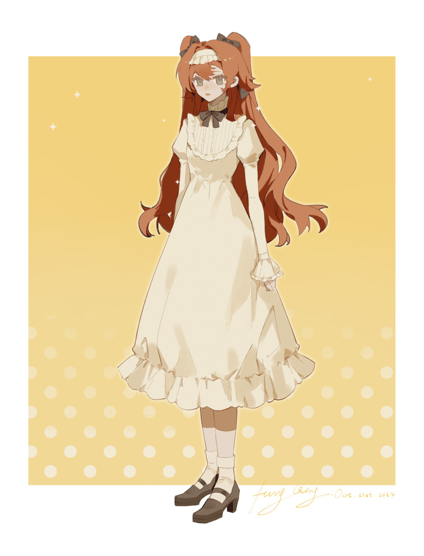 1girl, :o, absurdres, alternate_costume, ankle_socks, artist_name, black_bow, black_shoes