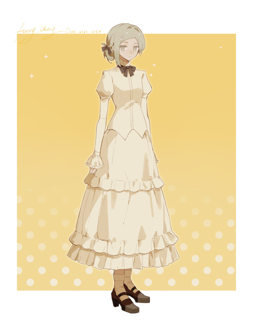 1girl, :/, absurdres, alternate_costume, ankle_socks, artist_name, black_bow, black_bowtie