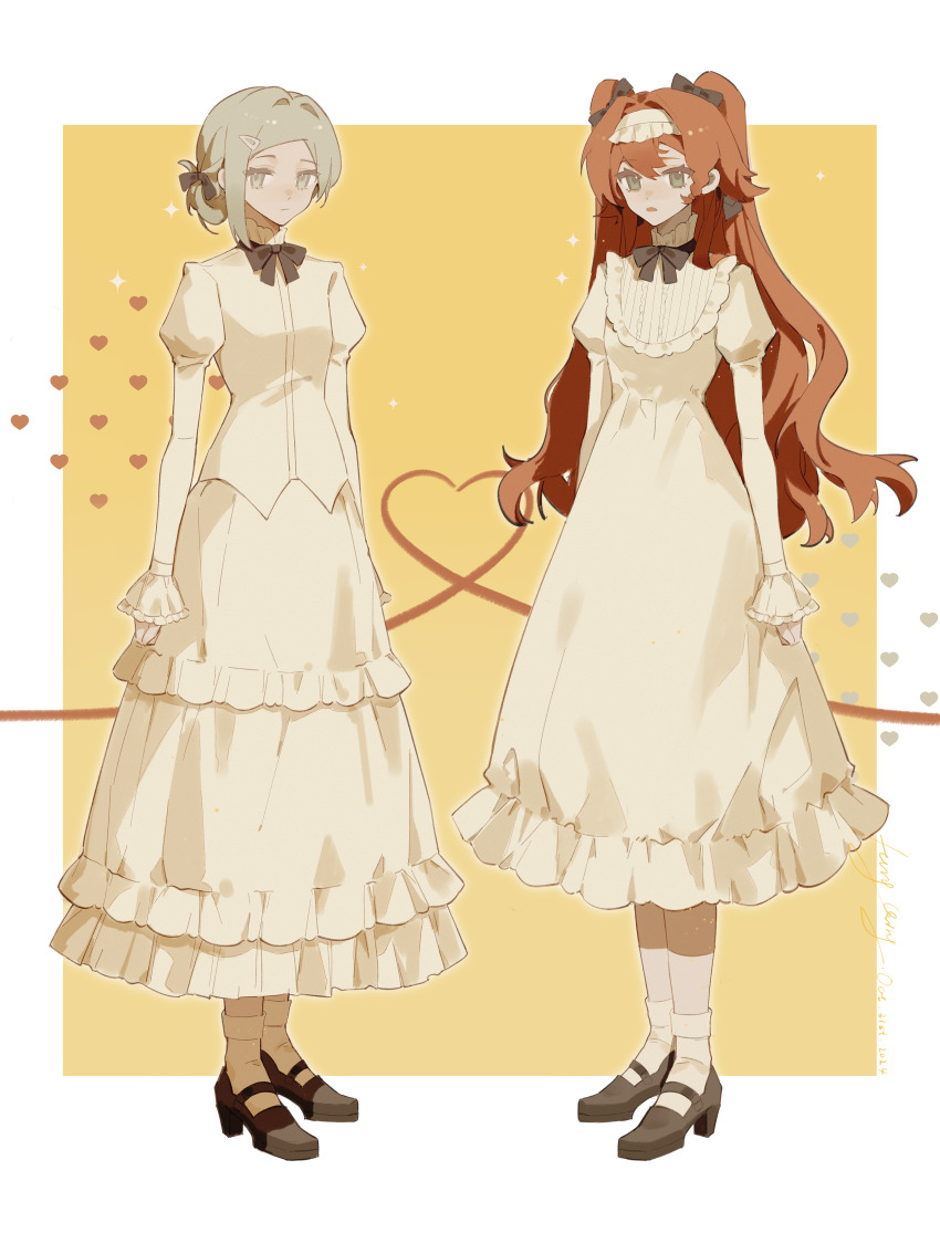 2girls, :/, :o, absurdres, alternate_costume, ankle_socks, artist_name, black_bow