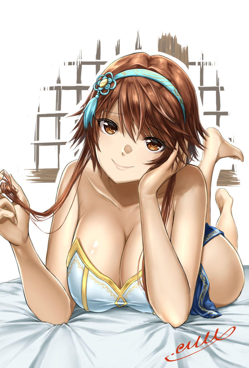 1girl, bare_shoulders, blue_hairband, blush, breasts, brown_eyes, brown_hair, chai_xianghua