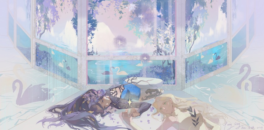 2girls, absurdres, artist_name, athletic_leotard, bare_shoulders, bird, blonde_hair, blue_eyes