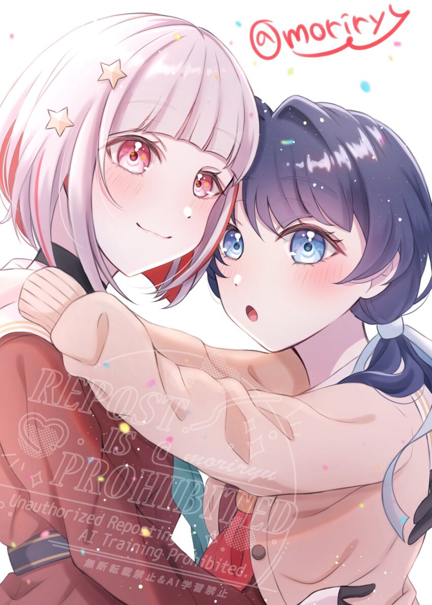 2girls, :o, aqua_neckerchief, arms_around_neck, black_choker, blue_eyes, blue_hair, blue_ribbon