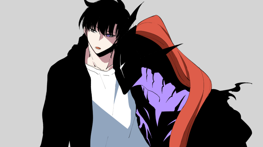 1boy, 8mo10, arm_around_shoulder, black_hair, black_jacket, collarbone, expressionless, grey_background, highres, hood, hooded_jacket, igris_(solo_leveling), jacket, knight, looking_to_the_side, open_mouth, partially_shaded_face, plume, purple_eyes, shirt, solo_leveling, sung_jin-woo, white_shirt