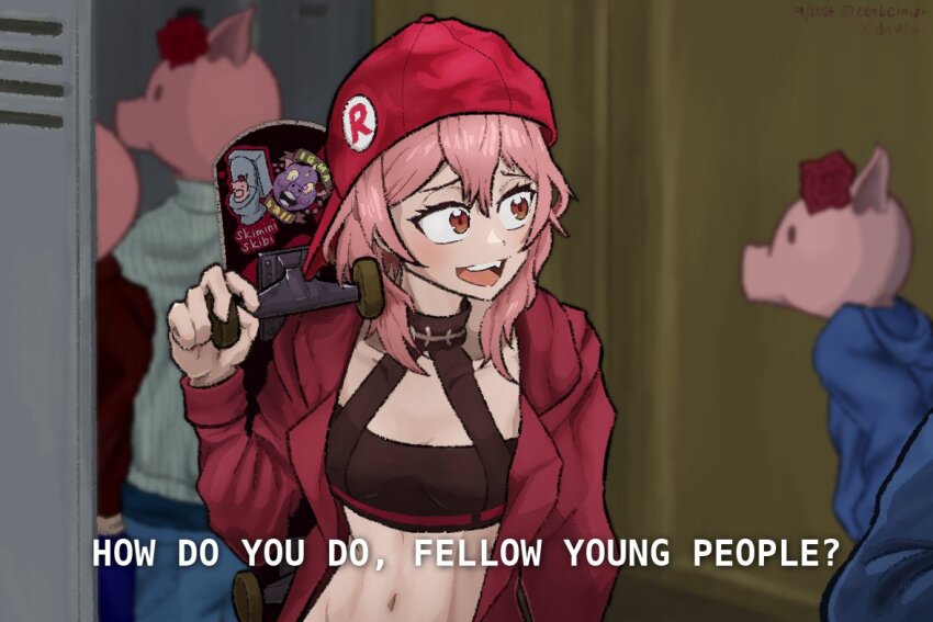 1girl, artist_name, backwards_hat, blush, breasts, cleavage, commentary, dated