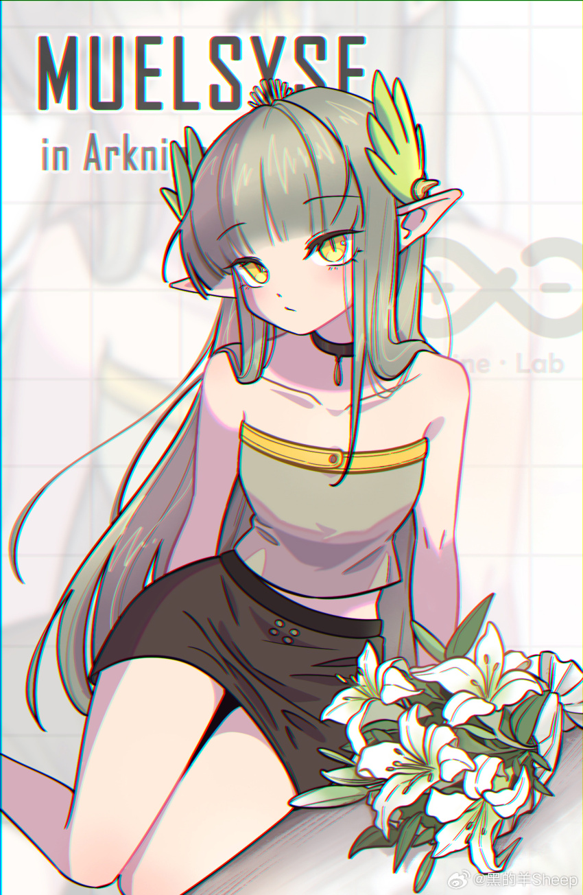 1girl, :/, arknights, bare_shoulders, black_choker, black_skirt, blunt_bangs, character_name, choker, chromatic_aberration, collarbone, copyright_name, feet_out_of_frame, flower, grey_hair, grey_shirt, grid_background, hei_de_yang_sheep, highres, laurel_crown, laurels, lily_(flower), long_hair, looking_at_viewer, midriff, miniskirt, muelsyse_(arknights), pencil_skirt, pointy_ears, rhine_lab_logo, shirt, sitting, skirt, solo, strapless, strapless_shirt, watermark, weibo_watermark, white_background, white_flower, yellow_eyes, yokozuwari, zoom_layer