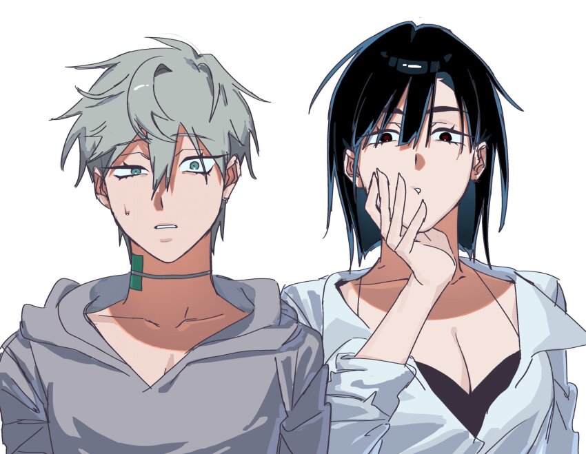 2girls, alien_stage, black_bra, black_hair, bra, breasts, cleavage, collared_shirt, commentary, cs_utau, english_commentary, genderswap, genderswap_(mtf), green_eyes, grey_hoodie, hair_between_eyes, hand_on_own_face, highres, hood, hoodie, ivan_(alien_stage), large_breasts, long_sleeves, multiple_girls, partially_unbuttoned, portrait, red_pupils, shirt, short_hair, simple_background, sweatdrop, till_(alien_stage), underwear, very_short_hair, white_background, white_shirt