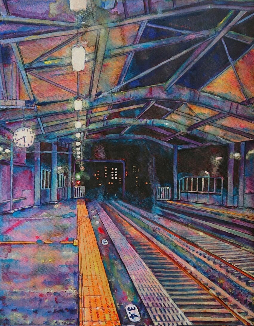 acrylic_paint_(medium), bench, ceiling_light, city, city_lights, clock, dark, highres, jobanni, landscape, night, no_humans, original, painting_(medium), railing, railroad_tracks, scenery, sky, steel_beam, tactile_paving, traditional_media, train_station, train_station_platform, truss