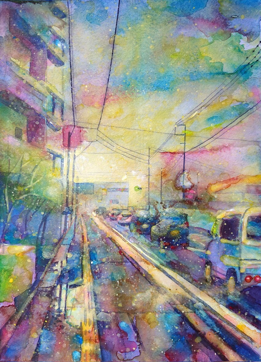 absurdres, acrylic_paint_(medium), apartment, balcony, blue_sky, building, car, crosswalk, day, highres, jobanni, landscape, motor_vehicle, no_humans, original, painting_(medium), power_lines, road, scenery, shadow, sidewalk, sky, street, traditional_media, utility_pole