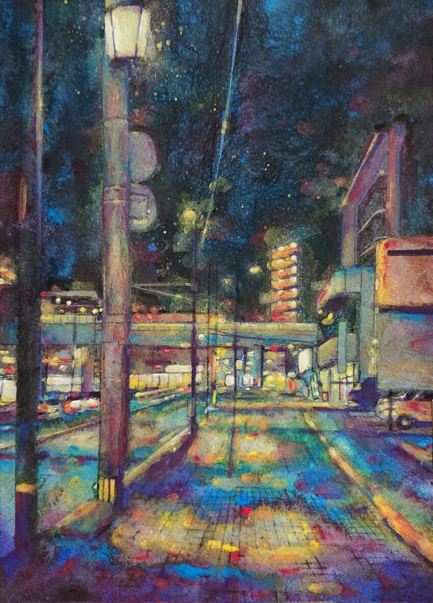 absurdres, acrylic_paint_(medium), apartment, balcony, building, car, city, crosswalk