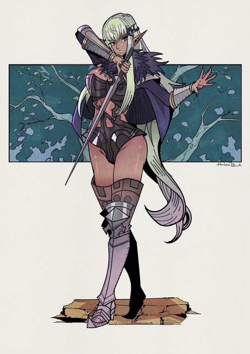 1girl, armor, armored_boots, boots, breasts, cleavage, dark-skinned_female, dark_elf