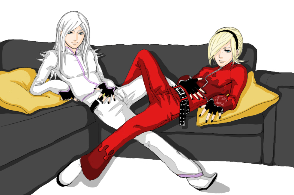2boys, androgynous, ash_crimson, blonde_hair, blue_eyes, couch, fingerless_gloves, freckles