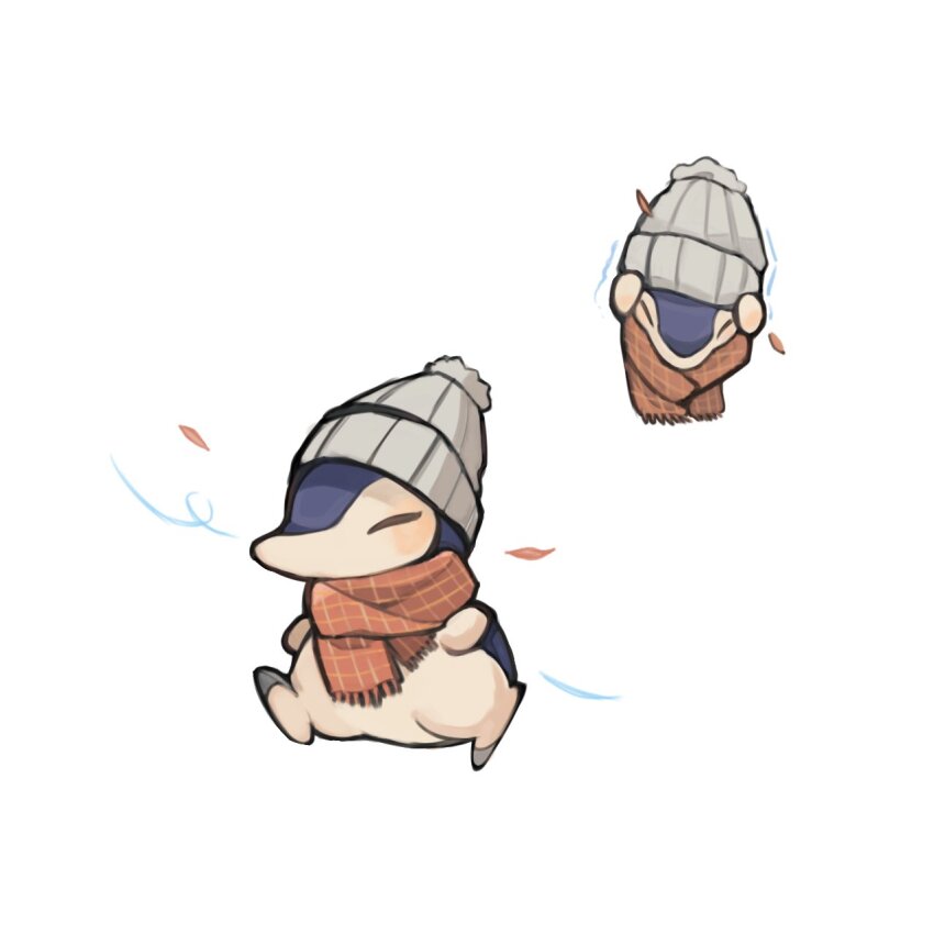 beanie, closed_eyes, clothed_pokemon, cyndaquil, full_body, gen_2_pokemon, grey_hat, hands_on_own_head, hat, highres, leaf, mizu_shiro, nintendo, no_humans, orange_scarf, plaid_clothes, plaid_scarf, pokemon, pokemon_(creature), scarf, simple_background, solo, trembling, walking, white_background, wind, winter_clothes
