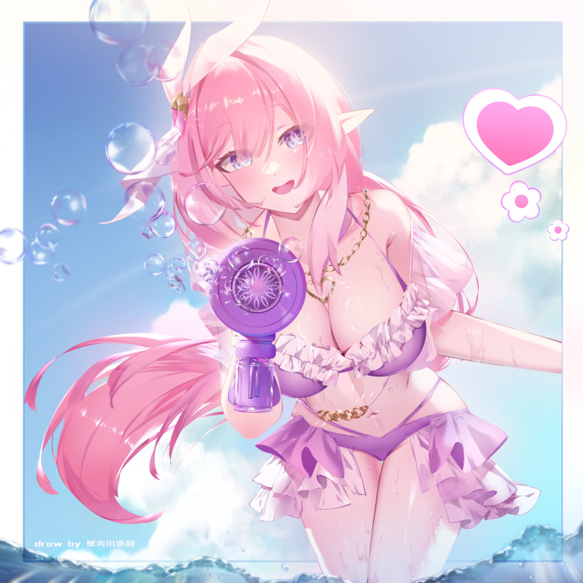 1girl, absurdres, artist_name, bare_shoulders, bikini, blue_sky, border, breasts