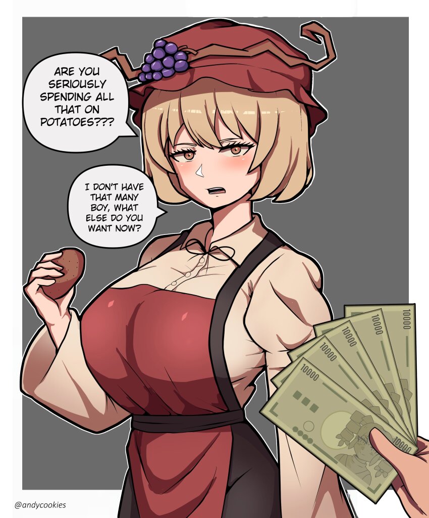 1girl, 1other, absurdres, aki_minoriko, andycookiez, apron, black_ribbon, black_skirt, blush, breasts, brown_eyes, brown_hair, brown_shirt, commentary, cowboy_shot, english_commentary, english_text, food, grape_hat_ornament, grey_background, hat, highres, holding, holding_food, holding_vegetable, juliet_sleeves, large_breasts, long_sleeves, looking_at_viewer, mob_cap, money_fan, neck_ribbon, open_mouth, potato, pov, pov_hands, puffy_sleeves, red_apron, red_hat, ribbon, shirt, short_hair, simple_background, skirt, solo_focus, suspender_skirt, suspenders, touhou, two-tone_background, vegetable, white_background