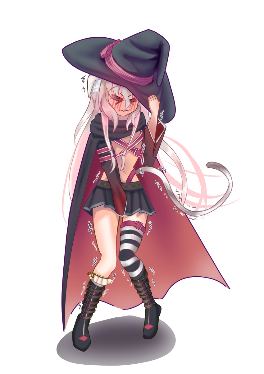 >_<, 1girl, absurdres, animal_ear_fluff, animal_ears, ayachi_nene, ayachi_nene_(cosplay), belt, belt_bra, black_boots, black_cape, black_hat, black_skirt, blush, boots, bow, cape, cat_ears, cat_girl, cat_tail, charcoa72170283, closed_mouth, commentary_request, cosplay, covering_crotch, covering_privates, detached_sleeves, embarrassed, full-face_blush, full_body, hair_between_eyes, hat, hat_bow, highres, knees_together_feet_apart, kuro_(sakura_moyu), long_hair, long_sleeves, miniskirt, pink_belt, pink_bow, pleated_skirt, red_cape, sakura_moyu, sanoba_witch, sidelocks, simple_background, single_thighhigh, skirt, solo, standing, striped_clothes, striped_thighhighs, tail, thighhighs, trembling, two-sided_cape, two-sided_fabric, very_long_hair, wavy_mouth, white_background, wide_sleeves, witch, witch_hat, zettai_ryouiki