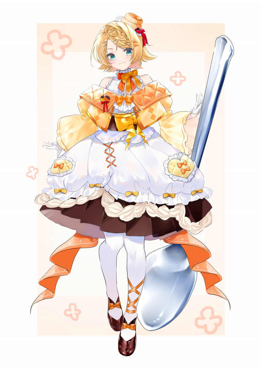 1girl, absurdres, aqua_eyes, blonde_hair, bow, braid, brown_shoes, closed_mouth, dress, footwear_bow, full_body, gloves, half_gloves, highres, kagamine_rin, looking_at_viewer, multicolored_dress, nii_(okehnzfa0k0wztq), oversized_spoon, pantyhose, pink_bow, shoes, short_hair, simple_background, smile, solo, standing, two-tone_background, vocaloid, white_gloves, white_pantyhose