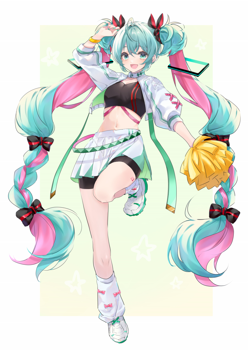 1girl, absurdres, aqua_eyes, aqua_hair, arm_up, bike_shorts, bike_shorts_under_skirt, bow, bow_legwear, cheerleader, full_body, hair_bow, hatsune_miku, highres, holding, holding_pom_poms, jacket, long_hair, looking_at_viewer, multicolored_hair, navel, nii_(okehnzfa0k0wztq), open_clothes, open_jacket, open_mouth, pink_bow, pink_hair, pom_pom_(cheerleading), pom_poms, shoes, short_sleeves, simple_background, skirt, smile, socks, solo, standing, standing_on_one_leg, stomach, twintails, two-tone_background, very_long_hair, vocaloid, white_jacket, white_shoes, white_skirt, white_socks