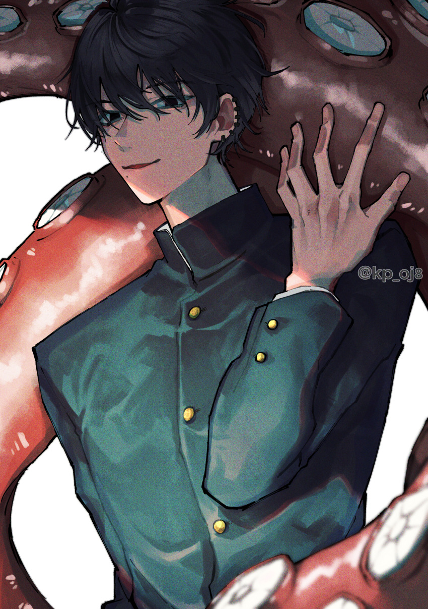 1boy, black_eyes, black_hair, black_jacket, buttons, chainsaw_man, collared_shirt, ear_piercing