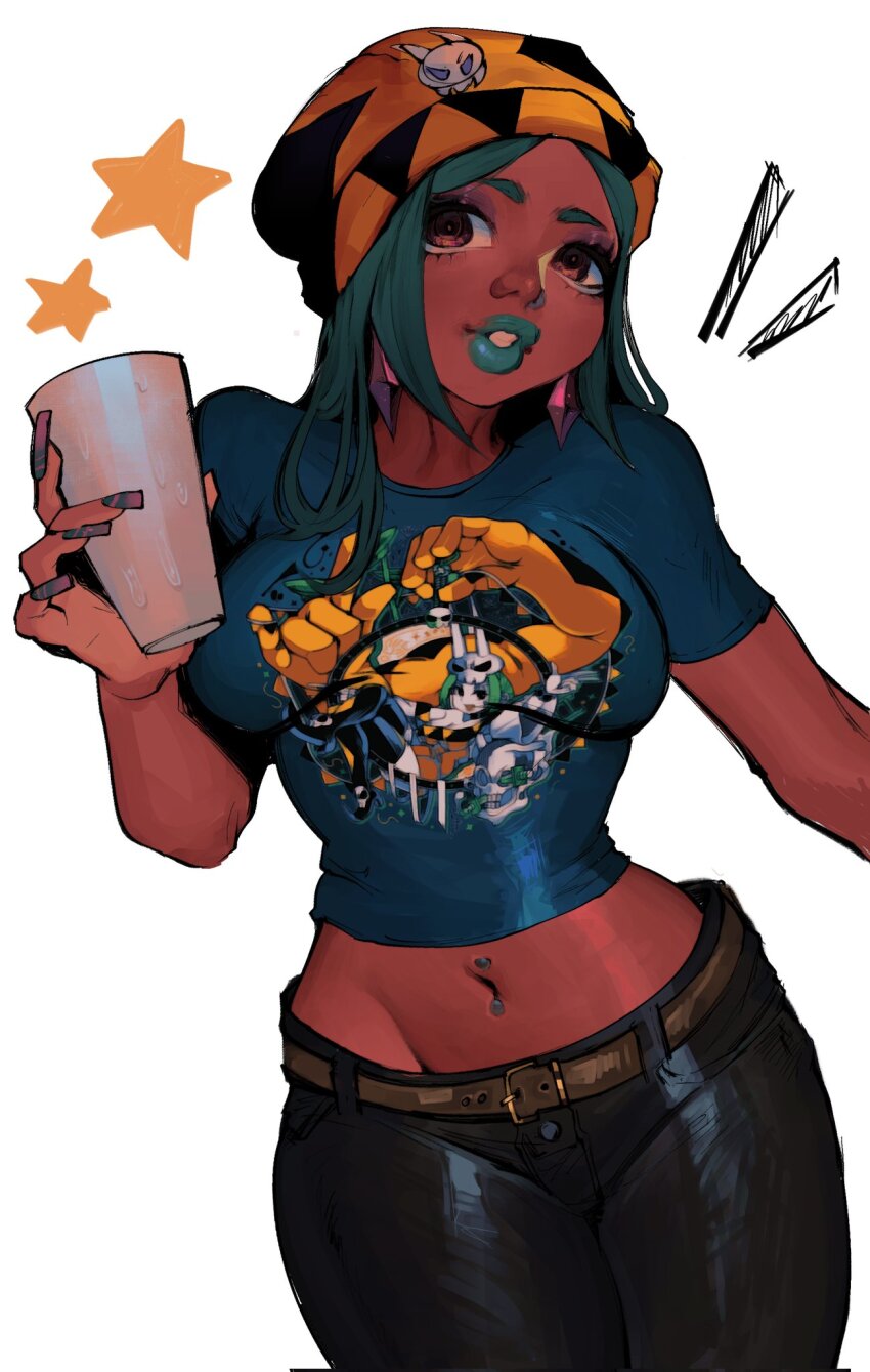 1girl, alternate_costume, beanie, belt, breasts, cerebella_(skullgirls), contemporary, cowboy_shot, cup, dark-skinned_female, dark_skin, diamond_earrings, drinking_glass, earrings, eyeshadow, fingernails, green_hair, green_lips, green_nails, grin, hair_down, hat, highres, jewelry, large_breasts, lips, lipstick, long_fingernails, maisujim, makeup, midriff, nail_polish, navel_piercing, piercing, print_shirt, shirt, skullgirls, smile, solo, star_(symbol), t-shirt, water_drop, white_background