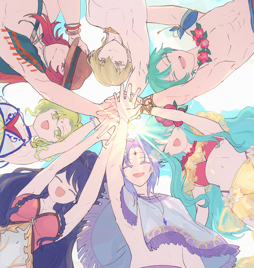 3girls, 4boys, :d, aqua_hair, armpits, bikini, blue_hair, bracelet