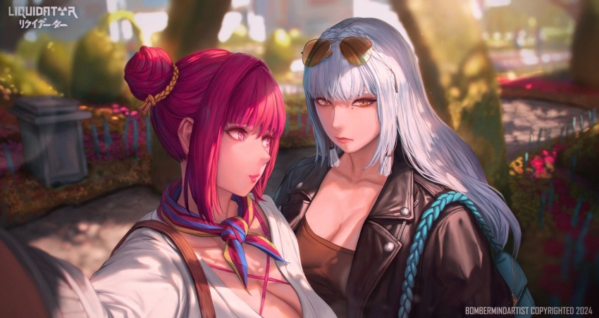 2girls, bag, black_jacket, bomberminda, breasts, brown_shirt, closed_mouth, eyewear_on_head