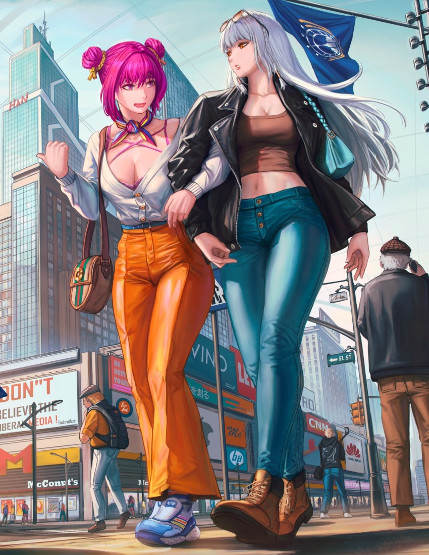 2girls, bag, black_footwear, black_jacket, blue_pants, bomberminda, bra, brown_footwear