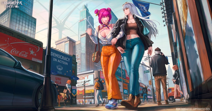 2girls, bag, black_footwear, black_jacket, blue_pants, bomberminda, bra, brown_footwear