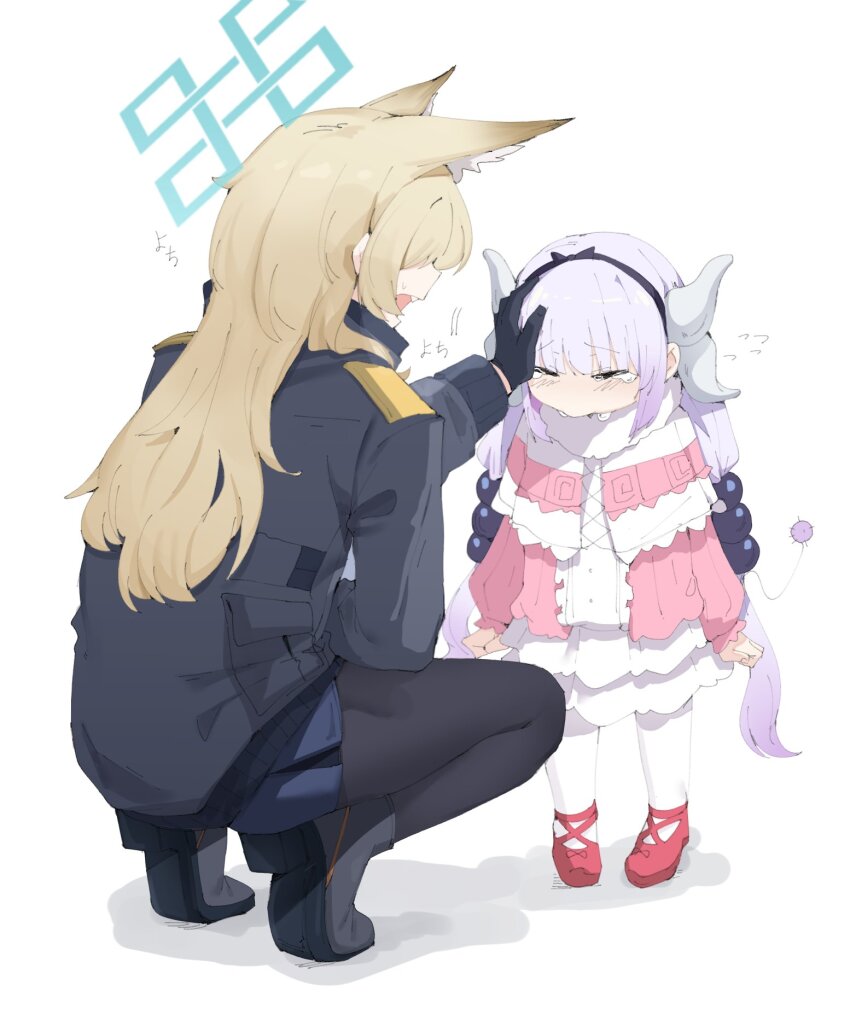 2girls, animal_ear_fluff, animal_ears, beads, black_footwear, black_thighhighs, blonde_hair, blue_archive