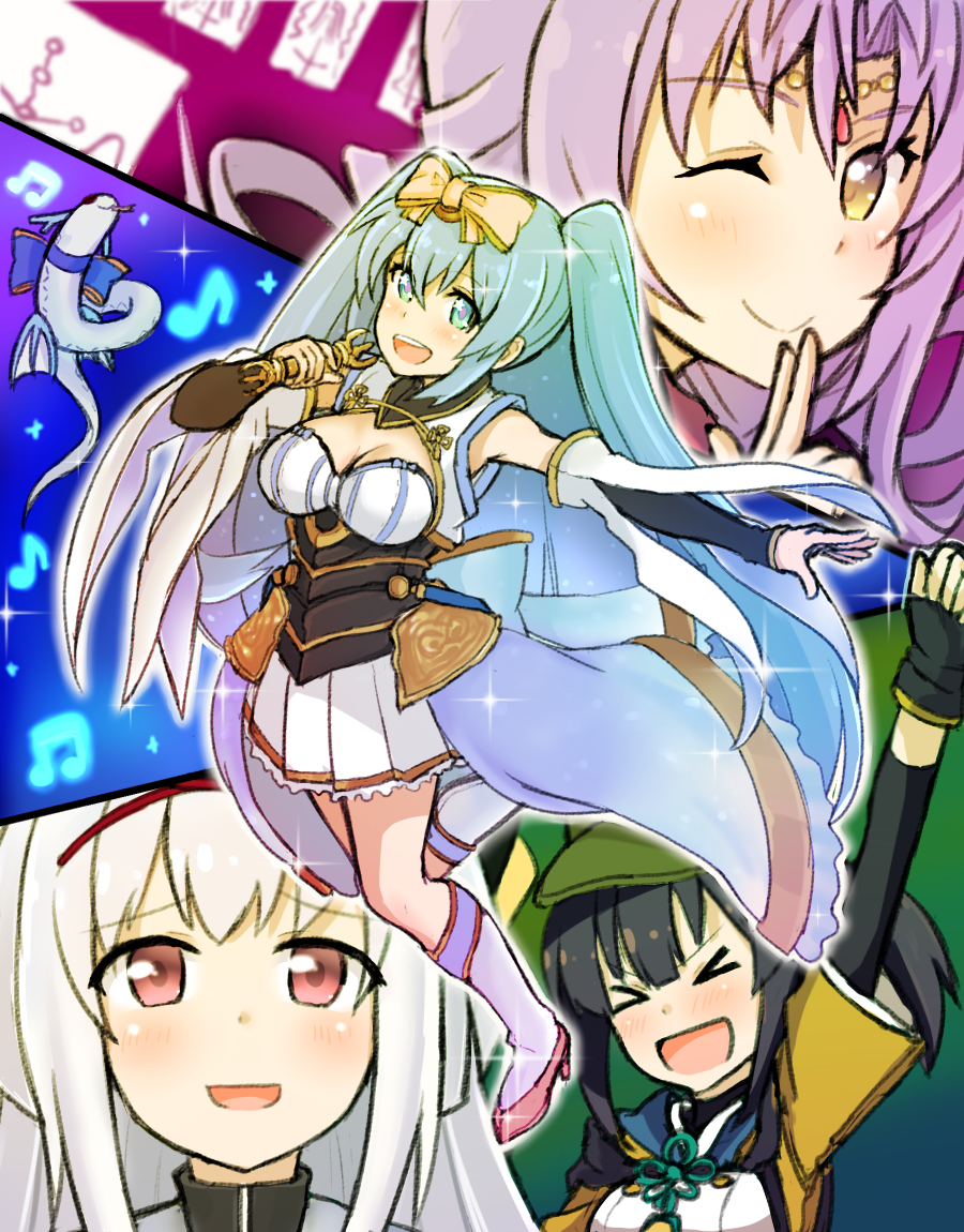 >_<, 4girls, arm_up, atsushi_(aaa-bbb), blue_eyes, blue_hair, blue_ribbon, cape, cleavage_cutout, closed_eyes, closed_mouth, clothing_cutout, commentary_request, corset, detached_sleeves, dragon, eastern_dragon, elbow_gloves, fingerless_gloves, forehead_jewel, full_body, gloves, hat, high_heels, kannagiri_nagamitsu_(tenka_hyakken), kneehighs, koryuu_kagemitsu_(tenka_hyakken), long_hair, multiple_girls, musical_note, one_eye_closed, open_mouth, pink_ribbon, pleated_skirt, ponytail, purple_hair, ribbon, shiro_(tenka_hyakken), short_sleeves, skirt, sleeveless, socks, star-shaped_pupils, star_(symbol), suijingiri_kanemitsu, symbol-shaped_pupils, talisman, teeth, tenka_hyakken, two_side_up, upper_teeth_only, vajra_(object), waist_cape, white_cape, white_hair, yayoi_(tenka_hyakken), yellow_eyes