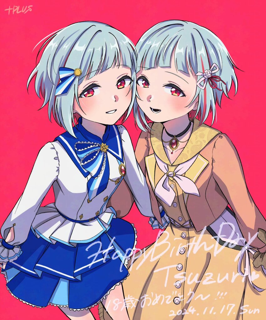 +_plus, 2girls, 365_days_(love_live!), artist_name, bloom_the_smile_bloom_the_dream!, blue_ribbon, blue_sailor_collar, blue_skirt