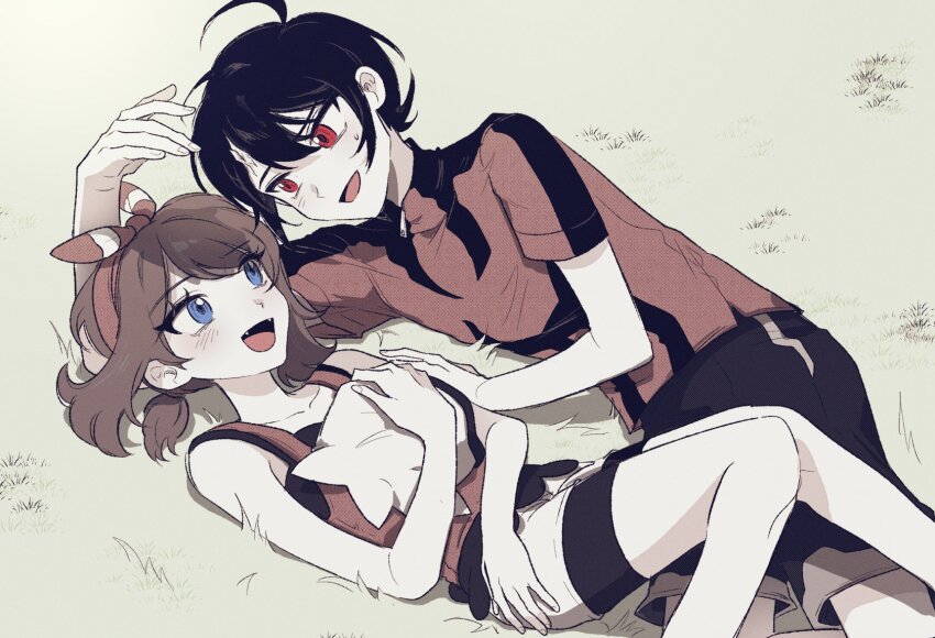 1boy, 1girl, black_hair, blue_eyes, brendan_(pokemon), brown_hair, dda_sso, eye_contact