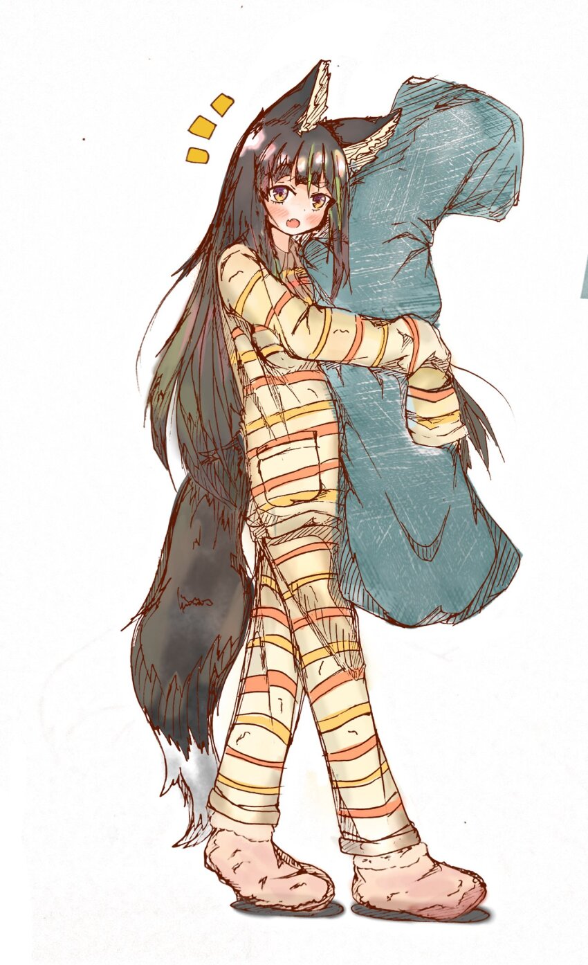 1girl, alternate_costume, animal_ear_fluff, animal_ears, black_hair, blunt_bangs, commentary_request, fang, fox_ears, fox_tail, full_body, highres, holding, holding_pillow, hugging_object, kekaten, kitsunegasaki_tametsugu, long_hair, notice_lines, open_mouth, pajamas, pillow, pillow_hug, pink_socks, sidelocks, skin_fang, sleeves_past_fingers, sleeves_past_wrists, socks, solo, striped_clothes, tail, tenka_hyakken, walking, white_background, yellow_eyes