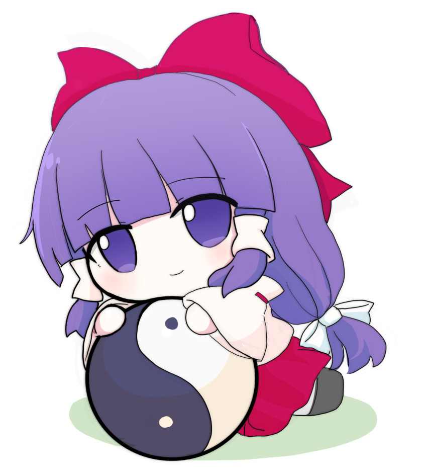 1girl, azuma_meri, bow, brown_footwear, closed_mouth, commentary_request, detached_sleeves, fumo_(doll), hair_bow, hair_tubes, hakurei_reimu, hakurei_reimu_(pc-98), highres, light_blush, long_hair, orb, purple_eyes, purple_hair, red_bow, red_skirt, ribbon-trimmed_sleeves, ribbon_trim, sidelocks, simple_background, skirt, smile, solo, touhou, white_background, white_sleeves, yin_yang, yin_yang_orb