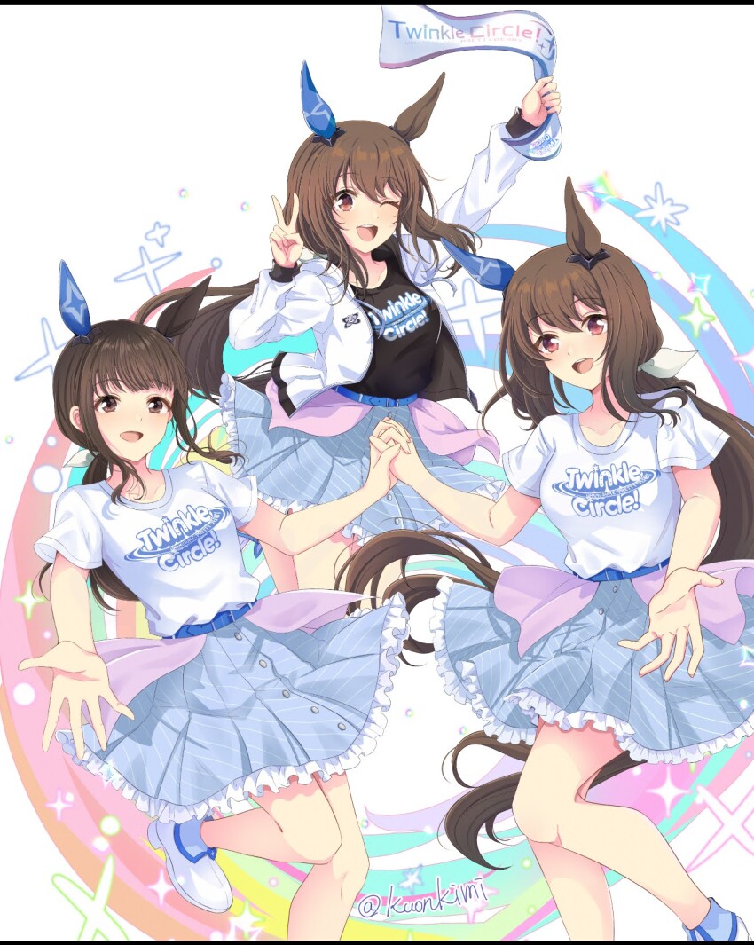 3girls, admire_vega's_twin_sister_(umamusume), admire_vega_(umamusume), animal_ears, blunt_bangs, breasts, brown_eyes, commentary_request, hair_ornament, highres, horse_ears, horse_girl, jacket, kuon_kimi, looking_at_viewer, medium_breasts, multiple_girls, official_alternate_costume, one_eye_closed, open_mouth, ponytail, reaching, reaching_towards_viewer, sasaki_hitomi, shoes, towel, twitter_username, umamusume, white_background