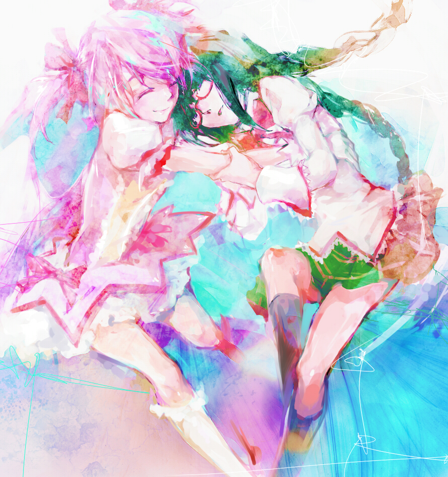 10s, 2girls, akemi_homura, bad_id, bad_pixiv_id, black_hair, braid, closed_eyes