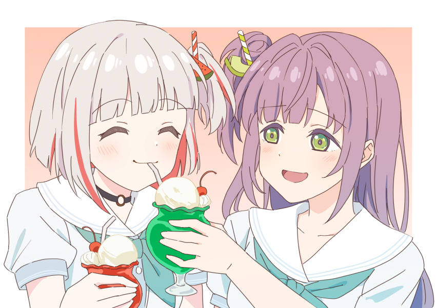 2girls, :d, ^_^, alt_text, aqua_neckerchief, black_choker, blue_dress, blush